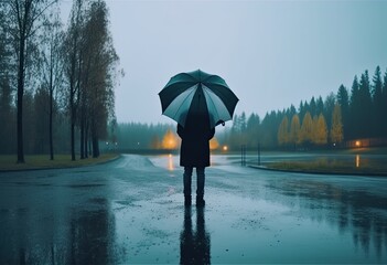 Woman standing with an umbrella on the road in the park in autumn rainy day. Generative Ai.