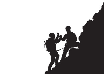 Silhouette of Two Man celebrate WIN climbing Helpping Hands to Mountain with Climbing sport for Helping hand friendship Concept
