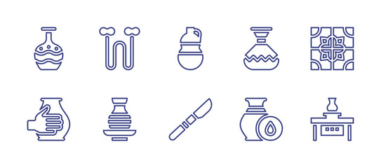 Pottery line icon set. Editable stroke. Vector illustration. Containing pottery, wire, vase, tiles, clay, scalpel, humidity, electric.