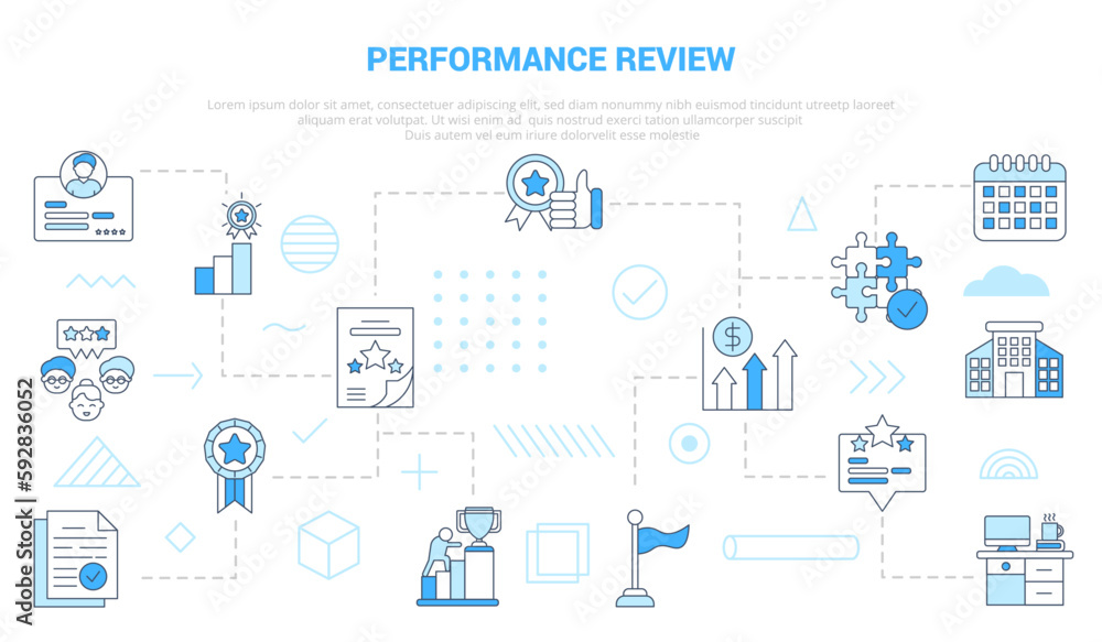 Poster performance review concept with icon set template banner with modern blue color style