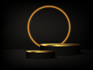 vector illustration golden and black color podium on dark background,use for cosmetic presentation background.