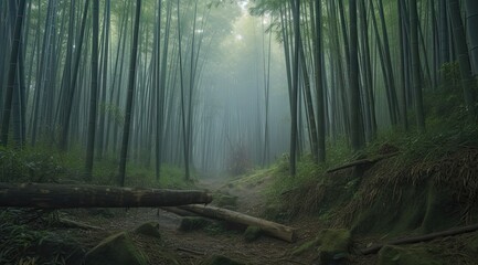 Path through dense bamboo forest, leading to famous Waimoku Falls. Generative Ai.