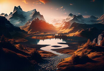 Fototapeta na wymiar stunning swiss landscape with mountains at sunrise made with Generative AI