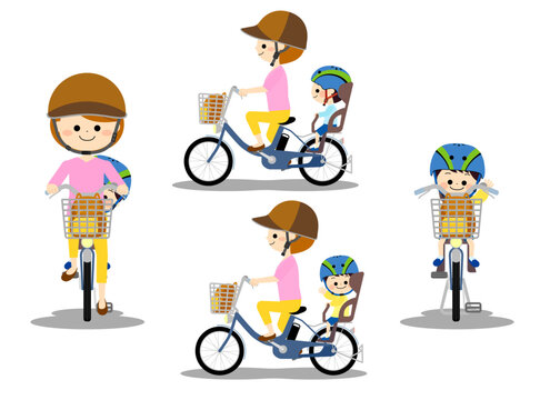 自転車用ヘルメットを被って電動アシスト自転車に乗る親子