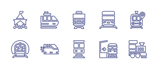 Railway line icon set. Editable stroke. Vector illustration. Containing wagon, railway, train, railway station, metro, bullet train, train station, locomotive.