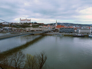  View on Bratislava castle and old town over the river Danube in Slovakia