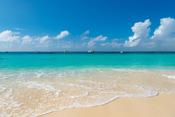 photo of summer wavy seaside ocean. summer seaside seascape. summer seaside destination
