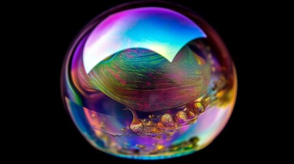 シャボン玉のような虹色の斑点の表面にクローズアップ。2つの惑星の丸い球体は、惑星のような抽象GenerativeAI