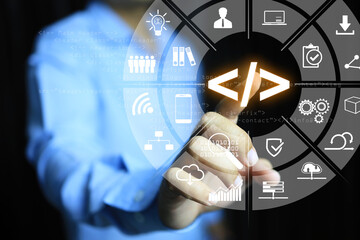 Coding software developer or engineer pointing to augmented reality dashboard computer icons of scrum agile development and code fork and versioning with responsive cybersecurity business technology.