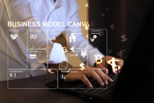 Businessman Planning Business A Plan With Business Model Canvas Through A Laptop On The Desktop For Project Presentation And Budgeting From High Net Worth Investors Value Proposition Cost Structure.