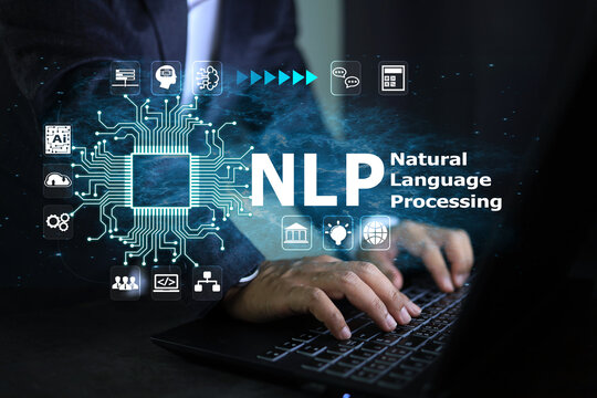 Programer or developer with laptops and NLP or natural language processing interfaces to communicate with artificial inteligence. Concept for software design to communication in business assistance.