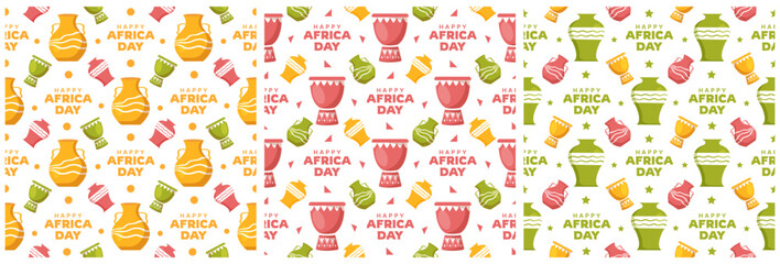 Set of Happy Africa Day Seamless Pattern Design with Culture African Tribal Figures Decoration in Template Hand Drawn Cartoon Flat Illustration