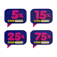Sales bubble speech designs for advertising online promotions and discounts 5%, 15%,25%, 75%. Features bold typography and vivid colors for discount sale pink and purple colors
