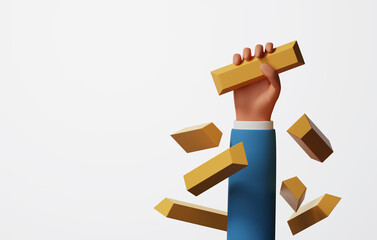 Close-up shot of investor hand holding gold bars on white background.