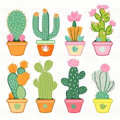 Many colorful cactus on white background