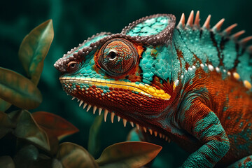 Fototapeta premium Close up colorful chameleon. Generative AI.