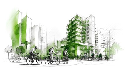 Bike sharing concept in an urban environment with modern buildings and diverse people adopting a green lifestyle. Generative AI