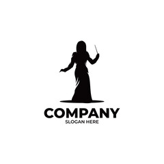 Music Logo, Silhouette Of Woman With Stick Logo Design, Music Conductor Logo