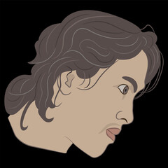 Head of a handsome young man in profile. Cartoon style. On black background.