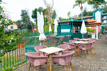 outdoor restaurant with tables. outdoor restaurant diner. outdoor restaurant with nobody.