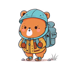 Adorable Bear Backpacker Cartoon Illustration on White Background
