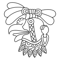 Head of a vulture bird or turkey. Ethnic animal design of Aztec Indians from Mexican codex. Black and white linear silhouette.