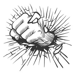 fist punching through glass breaking through illustration white background showing power and strength