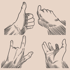 Various gestures of human hands isolated on a pale background. Vector engraved illustration of male hands in different situations. Vector design elements for infographic, web, internet, presentation.