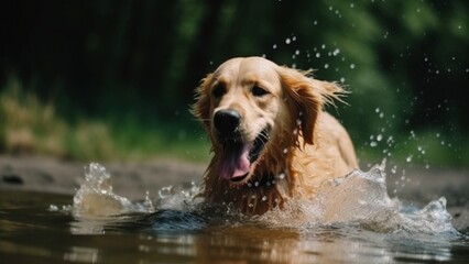 A young golden retriever running and playing in a river. A playful dog with a happy face.