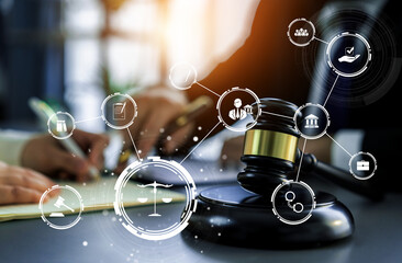 Smart law, legal advice icons and lawyer working tools in the lawyers office showing concept of...