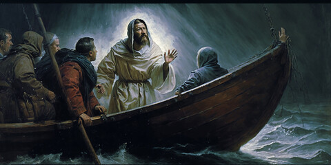 At night, in bad weather, the disciples of Jesus, crossing the lake in a boat, saw Jesus walking towards them on the water. They got scared, mistaking him for a ghost. - obrazy, fototapety, plakaty