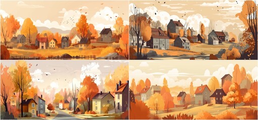 Beautiful autumn landscape with houses and trees in a mountain village. Capture the stunning colors of fall with this landscape. Ideal for creating a peaceful and serene atmosphere in any space.