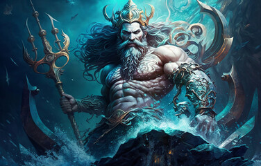 Poseidon in ancient Greek mythology is the supreme sea god, one of the three main Olympian gods, along with Zeus and Hades. Son of the titan Kronos and Rhea, - obrazy, fototapety, plakaty