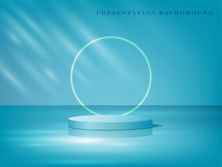vector illustration blue color 3D cylinder podium with round light line on the blue color 3D room,use for cosmetic and presentation background.