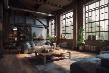 Modern living room in loft interior. Created using generative AI