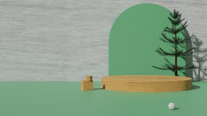 Wooden podium with tree, Copy space white background, Abstract background, 3D rendering