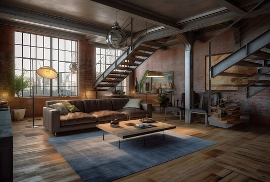 Industrial living room with furniture. Created using generative AI