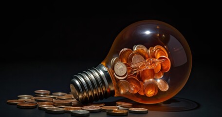 light bulb on top of coins. Rising energy cost concept. Light bulb on top of a stack of gold coins. Generative Ai.