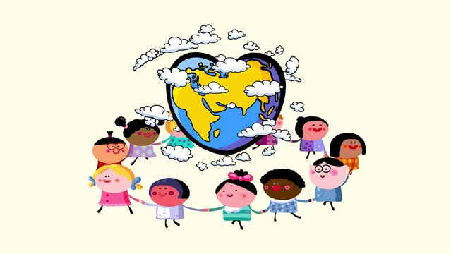 Children Earth heart day or sunday. Happy children of different nations and skin colour dancing together in a circle holding their hands around the heart earth clouds seamless loop.