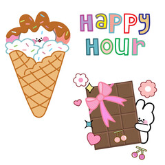 Cute Kawaii Cute bunny funny Sweet rabbit set of cute bunny ice cream and chocolate