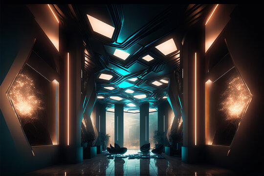 Step into the Future: A Tour of Adept Ozzy's Futuristic Hotel Lobby with Abstract Design, Dim Lighting, and Stunning Window Views AI Generative