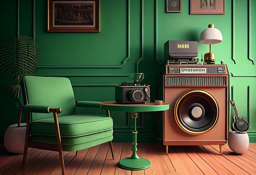 Light Green Interior With Mid Century Chair And A Vintage Turntable. Generative AI