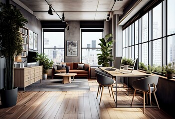 Fototapeta na wymiar Contemporary spacious hardwood and concrete coworking office interior with windows and city view, wooden parquet flooring, furniture and equipment. Workplace concept. 3D Rendering. Generative AI