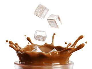 Closeup Ice falling with Coffee Latte liquid splash on glass mug isolate on white background. 3D Rendering. 