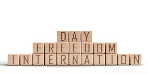 Cube block wooden international freedom day font text calligraphy symbol decoration human right democracy happy woman female lady male man justice journalism independence violence peace global press 