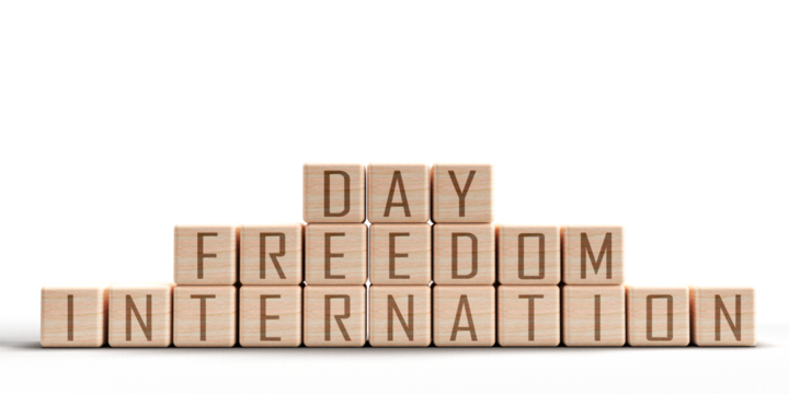 Cube block wooden international freedom day font text calligraphy symbol decoration human right democracy happy woman female lady male man justice journalism independence violence peace global press 