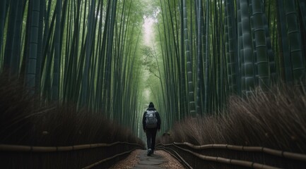 The backside of a young person walking through a bamboo forest. Generative Ai.