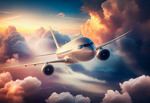 Commercial airplane jetliner flying above dramatic clouds in beautiful light. Travel concept. Generative AI