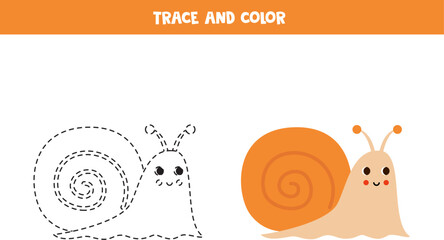 Trace and color cartoon snail. Worksheet for children.