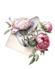 Open envelope with peony flowers. Message of love for mothers day or birthday. Generative AI.